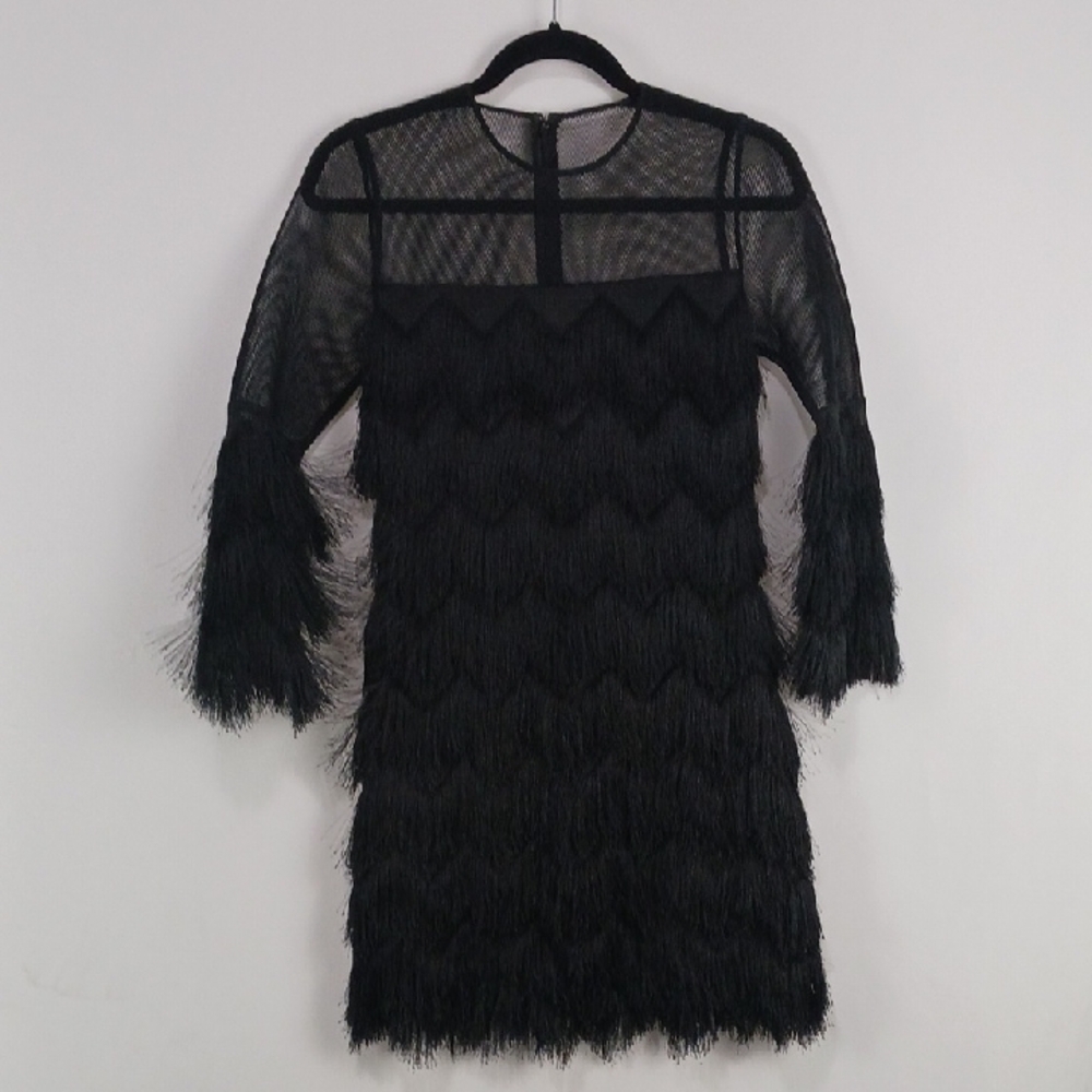 Alexis Black Long Sleeve Fringe Mini Dress.